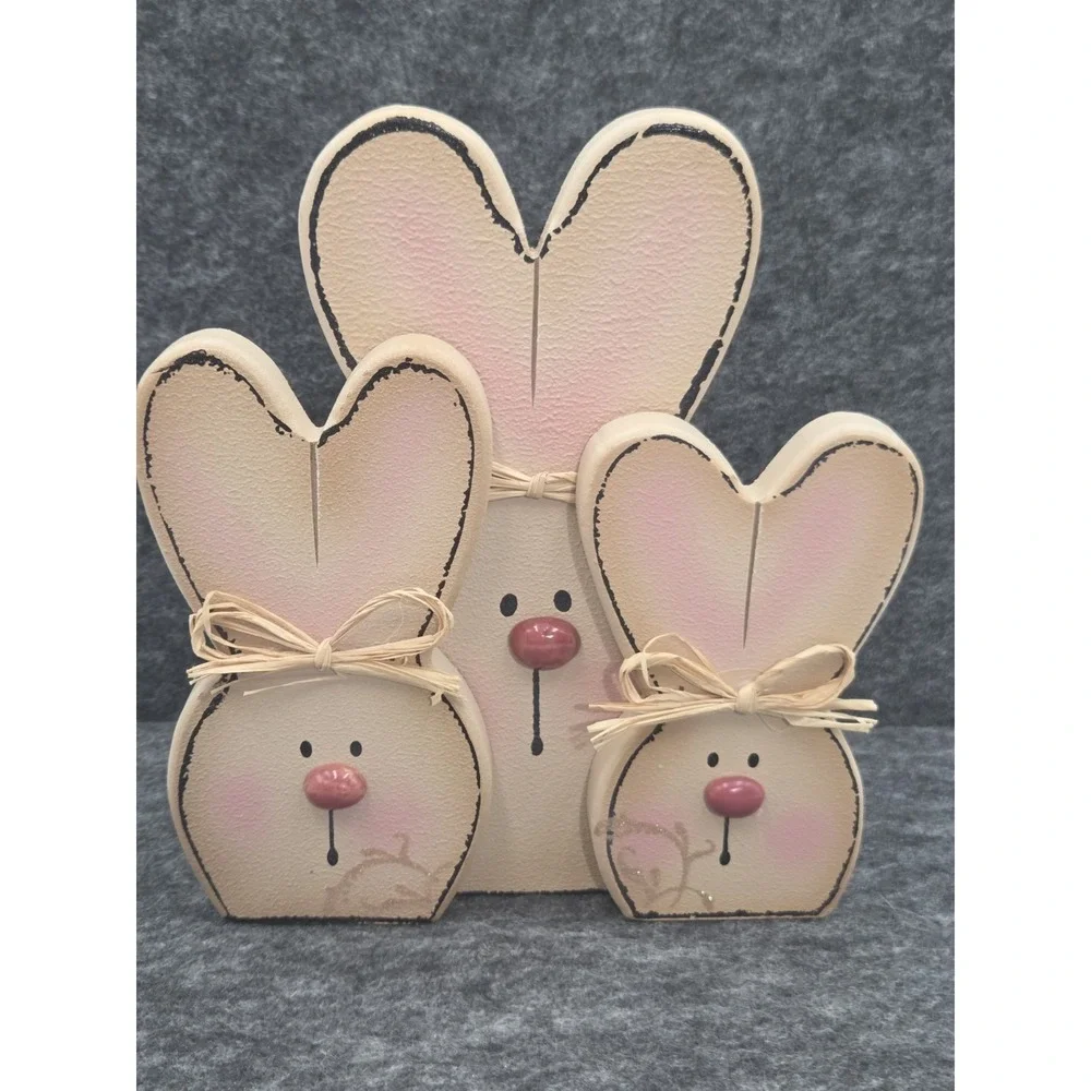Wooden Shelf Sitters 3 Bunnies  Twine Bows Decor Folk Cottagecore Country 6x7
